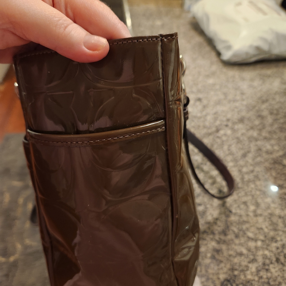 Coach Olive Green Op Art Embossed Patent Leather East West Gallery Tote  Bag - Picture 5 of 16